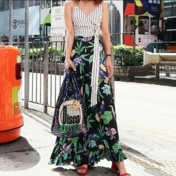 NWT Zara Wide Frill Trousers Tropical floral Print Pants | Black + green; size M - Picture 2 of 13